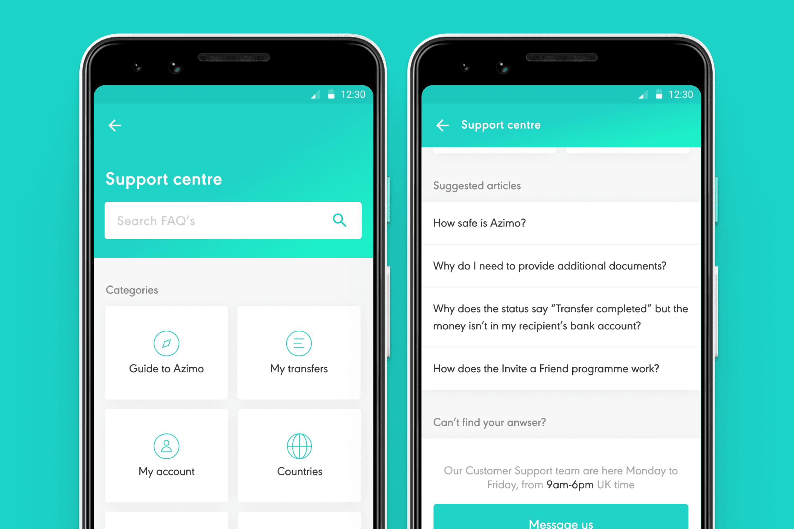 Azimo support center flow on an android phone