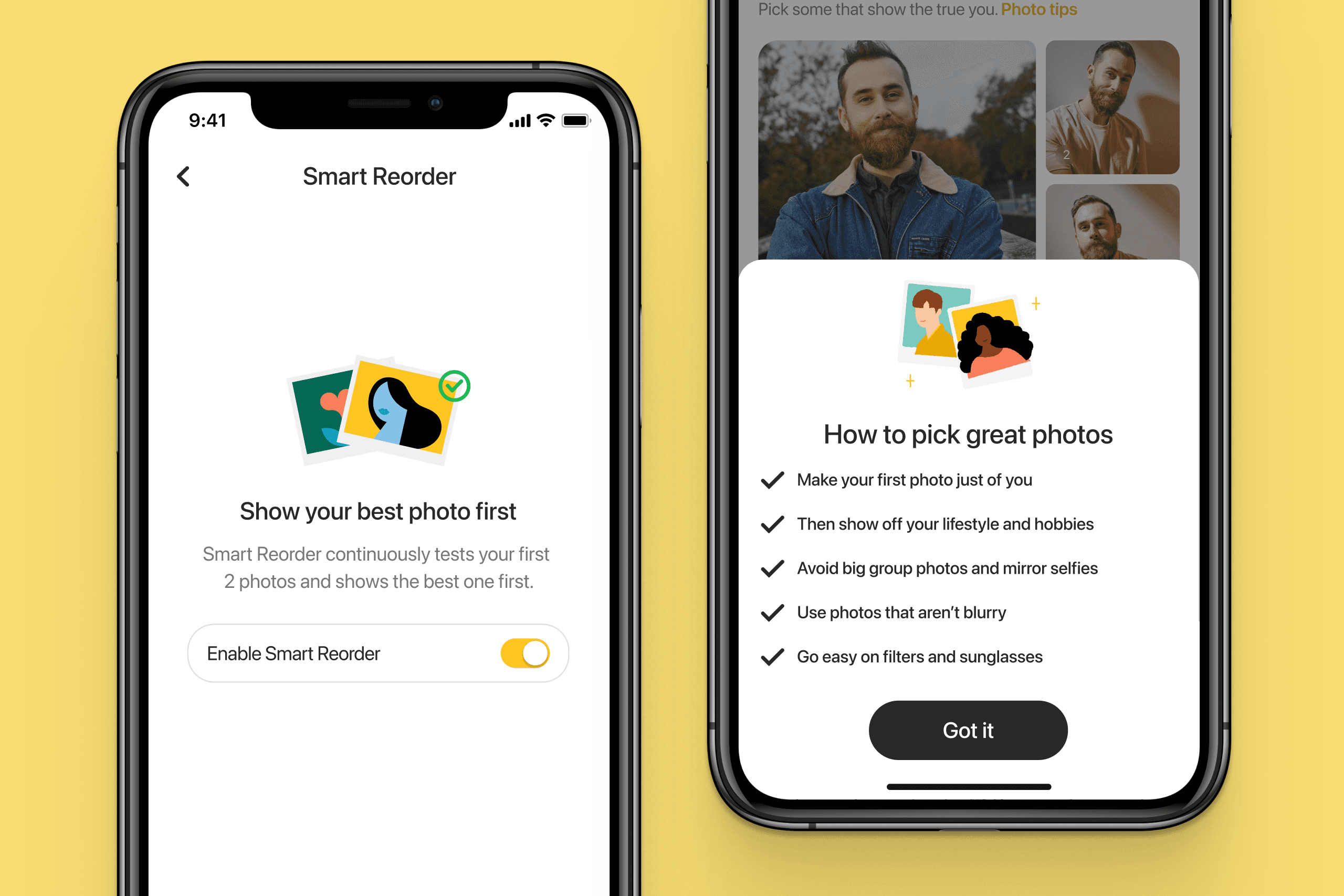 Bumble mobile app photo reorder tips and features